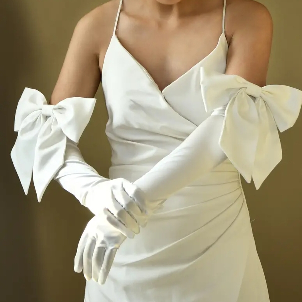 Stunning Avant Garde White Satin Elbow Gloves Elegant Bold Bows Bridal Tea Prom